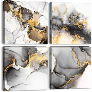 Black and Gold Abstract Wall Art Marble Artwork for Walls Ink Texture Painting Canvas Prints Living Room Bathroom Decor Watercolor Fluid Lines Pictures Framed Bedroom Office Home Decorations 12x12 4P