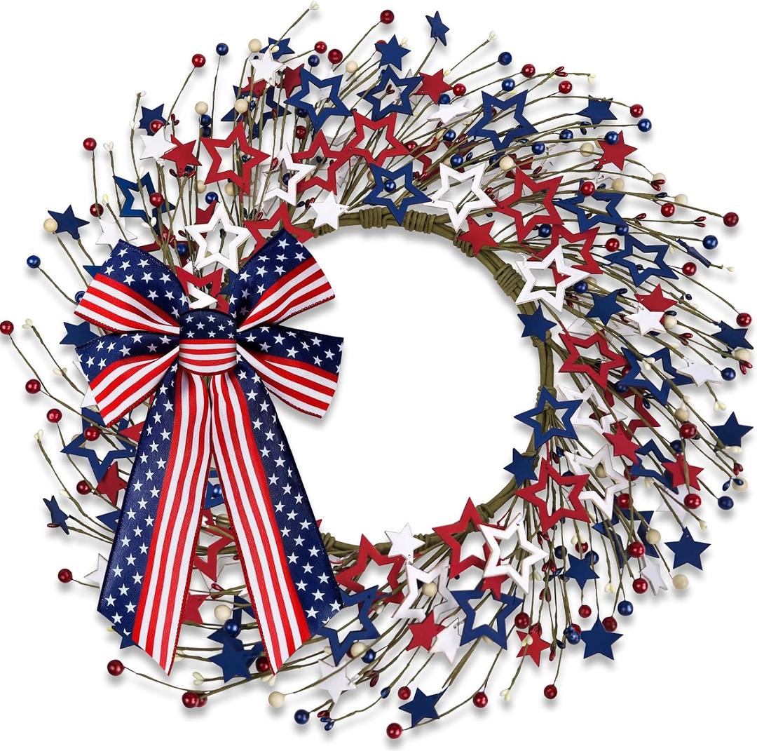 4th of July Independence Day Red White Blue Berry Wreath with Bow, ZOXILEN 20 inch American Flag Stars Wreath Patriotic Decoration, Memorial Flag Veterans Day Berry Hanging Decor