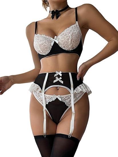 Lilosy Sexy Bow Choker Floral Lace Stocking Sheer Underwire Push Up Garter Lingerie Set (Medium, Stocking Black White)