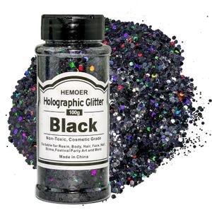 HEMOER Black Glitter, 100g/3.5oz Holographic Chunky Glitter Mixed Hexagon Chunky & Fine Flakes Iridescent Sequins for Epoxy Crafts, Resin, Nail Body, Tumblers, Festival Party