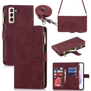 iCoverCase for Samsung Galaxy S21 Plus Wallet Case with Card Holder, Kickstand Feature PU Leather Case with Adjustable Crossbody Lanyard Magnetic Clasp Zipper Pocket Flip Cover (Claret)