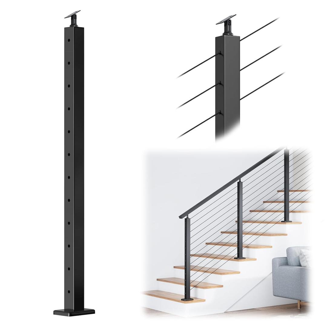 Muzata Black Stair Cable Railing Post 42 Inch for 25-35 Degrees Stair 42"x2"x2" Surface Mount T304 Stainless Steel Cable Railing System Kit Indoor Outdoor with Paper User Guide PS01 BA4L