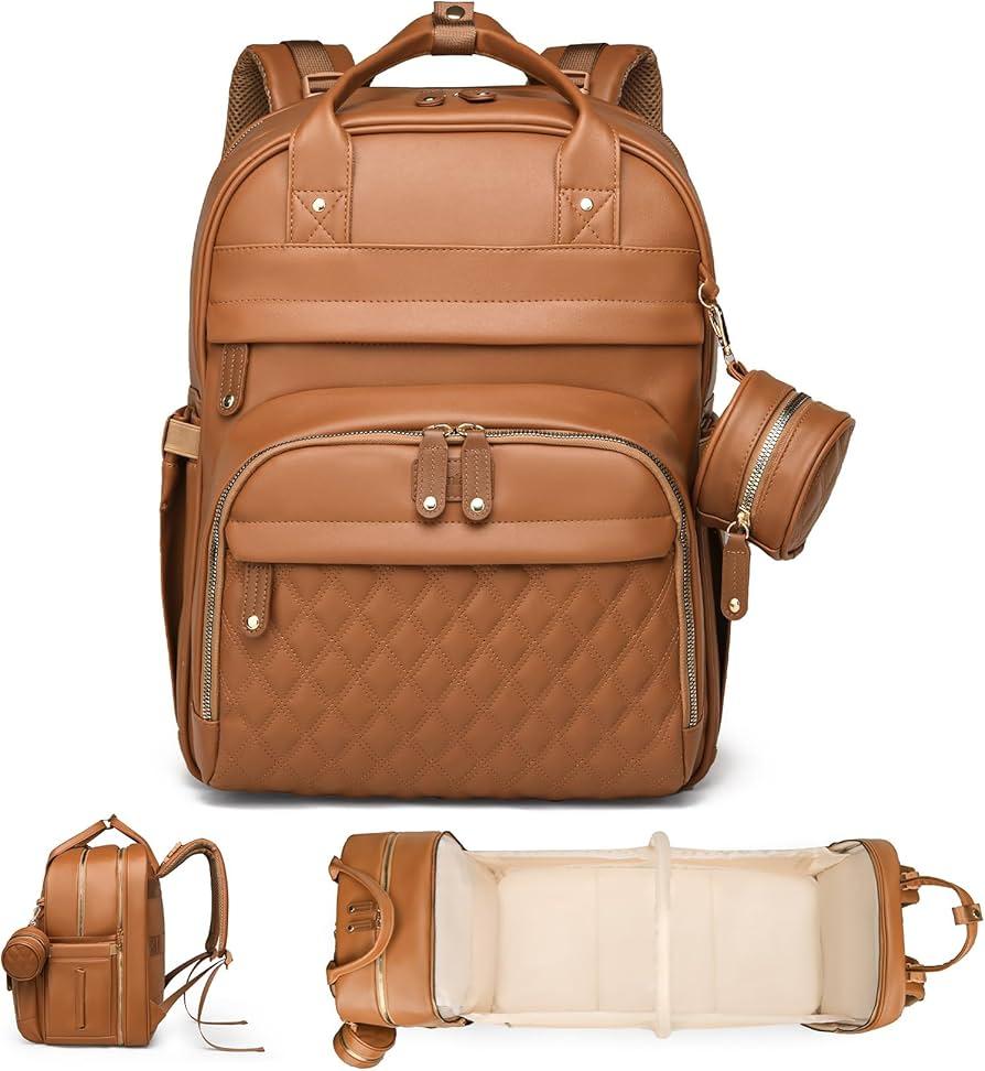 Leather Baby Diaper Bags with Changing Station,Extra large Capacity Baby Diaper Bag Backpack,Waterproof Baby Essentials(Brown)