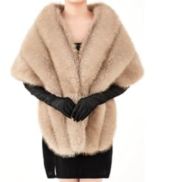 Zhanmai 2 Pcs Winter Long Shawl Cloak Stretchy Glove Opera Bridal Dance Gloves for Women Dress Party Coat (Standard,  Light Beige) 