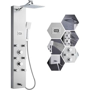 MENATT 304 Stainless Steel Shower Panels System with 6 Body Jets, Shower Tower with Adjustable 9 inch Rainfall Shower Head, Handheld Shower Wand, Brushed Nickel