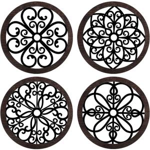 Yulejo 4 Pcs Thicken Rustic Wall Decor Farmhouse Kitchen Wall Round Art Wooden Hollow Carved Design Rustic Art for Living Room Bedroom Hallway Decor (9.8 x 9.8 Inch,Black, Brown)
