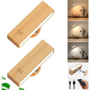 YiLaie Battery Operated Wall Sconce with Remote,Wall Sconces Set of 2,Wall Lights for Bedroom Wireless, Rotatable Cordless Wall Lamp with 3 Color Temperature for Bedroom,Living Room,Bedside Reading (Beechwood)