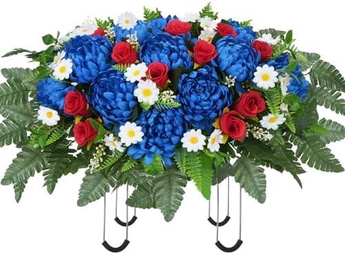 2 Pack HMJON Patriotic Artificial Cemetery Flowers Saddles Red White and Blue Flowers, Outdoor Grave Decoration 4th of July Faux Silk Rose Peony Floral Arrangement Headstone Saddle for Grave Memorial Day