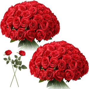 Tifuly Red Roses Artificial Flowers Bulk - 50 Pcs Realistic Long Stem Fake Silk Roses Bouquet for Wedding Centerpiece Table Vases Party Home Kitchen Decor (Red-50)