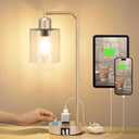 Innqoo Champagne Gold Industrial Bedside Table Lamp for Bedroom - Nightstand Lamps with USB C Charging Port, Fully Dimmable Black Ports and Outlets, Small Desk Glass Shade Office Living Room