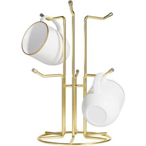 HULISEN Mug Holder for Large Cups, Mug Tree for Counter with 6 Hooks, Metal Coffee Mug Stand for Easy Pick, Place and Display, Coffee Bar Accessories and Decor, Free Standing Mug Rack, Gold