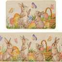 Baccessor Easter Kitchen Rugs Set of 2, Bunny Colorful Eggs Flowers Kitchen Mats for Floor Low-Profile Rabbits Spring Easter Holiday Home Decor 17x29 and 17x47 Inch