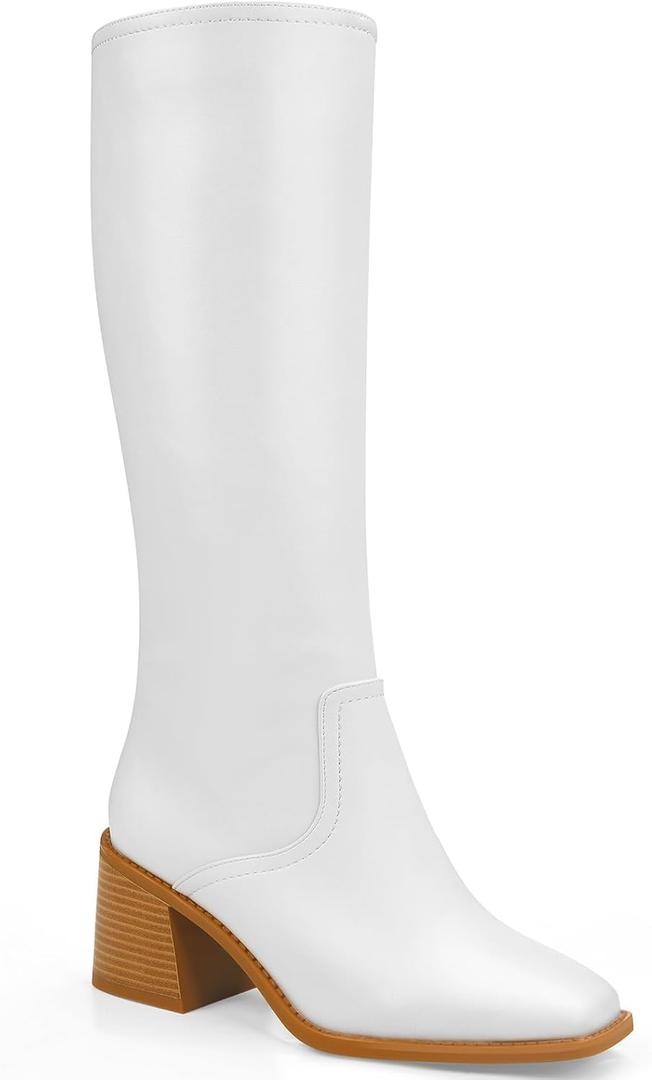 Knee High Boots Women - Long Elastic Faux Leather Boots Tall Square Toe Chunky Block High Heel Shoes with Side Zipper, White, Size 9