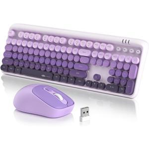 MageGee V920 Wireless Keyboard and Mouse Combo, 2.4G Full-Sized Retro Typewriter Keyboard with Round Keycaps & Auto-Sleep Mode, Cute Computer Keyboard and Cordless Optical Mouse for Laptop/PC (Purple)