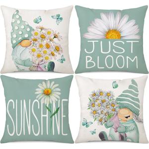 Light Blue Spring Summer Throw Pillow Covers 18 x 18 Set of 4 Daisy Floral Gnomes Sunshine Decorative Cushion Case for Sofa Couch Patio