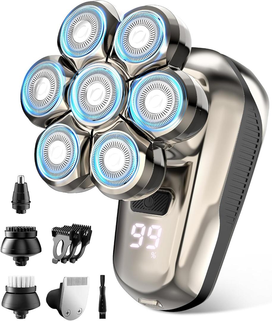 Head Shaver for Bald Men, 5-in-1 Electric Razor with 7D Floating & 2-Speed Modes, IPX7 Waterproof, LED Smart Display and & Type-C Fast Charging, Professional Grooming Kit for Men Head, Face Beard