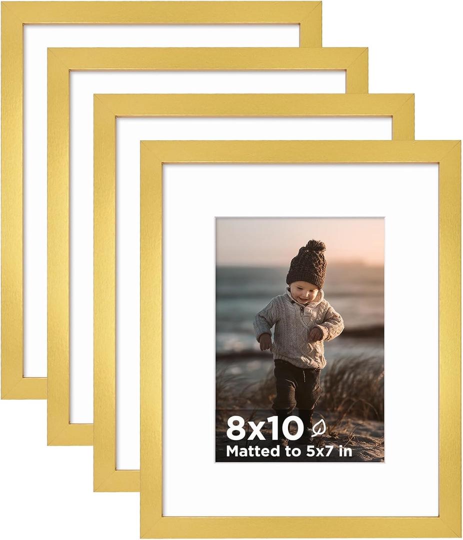 KINLINK 8x10 Picture Frame Gold Set of 4, Wooden Photo Frames Matted 5x7 with Plexiglass for 5x7 with Mat or 8x10 without Mat for Table and Wall Display