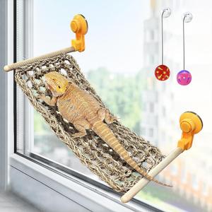 VCEPJH Bearded Dragon Window Perch Reptile Window Hammock Natural Seagrass Lizard Lounger Bed with Powerful Suction Cups Climbing Toys Tank Accessories for Gecko Chameleon Basking (15.75 * 7.87)