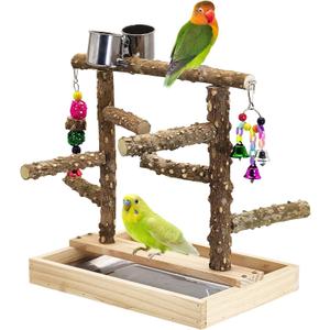 BNOSDM Natural Wood Bird Playground for Training & Playing, Parrot Perch Stand Jungle Gym with Detachable Tray & Stainless Feeder Cups Parakeet Cage Playstand for Budgie, Cockatiel, African Grey