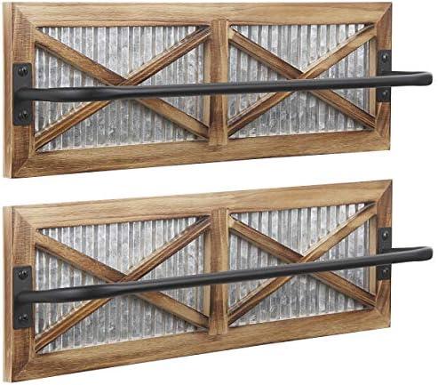 2PCS Rustic Bathroom Towel Rack, Butizone Wall Mounted Towel Bar Holder with Weathered Wood and Corrugated Galvanized Metal, Farmhouse Rack for Hanging Towel (Towels are not Included)
