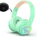 IFECCO Kids Wireless Headphones with Microphone,Cute Light Up Dinosaur Children Boys Girls Bluetooth Headphones with Case for School Travel Gifts (green-yellow)