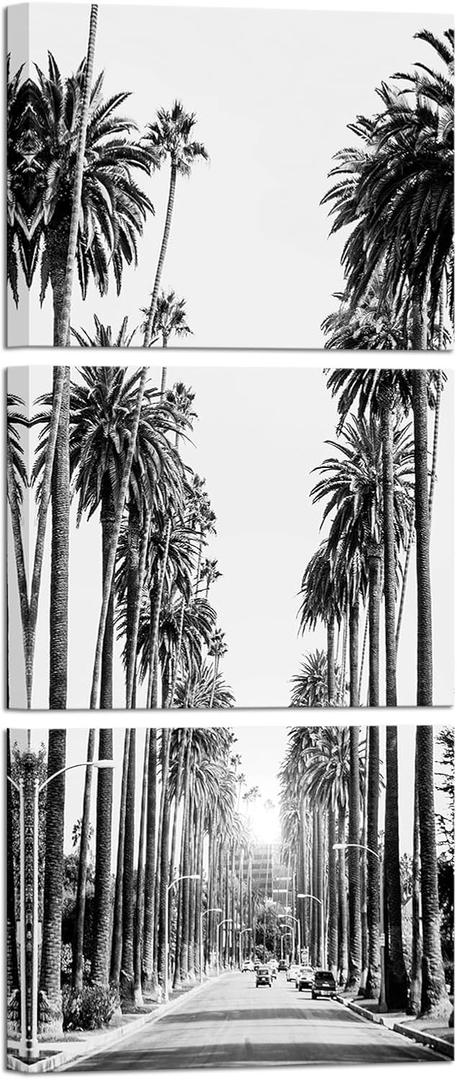 LevvArts Los Angeles Street Picture Canvas Prints Black and White Palm Trees Photography Wall Art Modern Bathroom Bedroom Decor