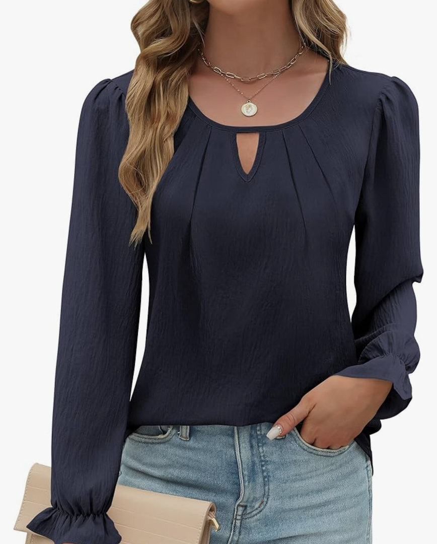 Womens Long Sleeve Tops Dressy Business Casual Blouses Basic Loose Fit V Neck Work Shirt 2024 Fall Clothes Outfits, Large