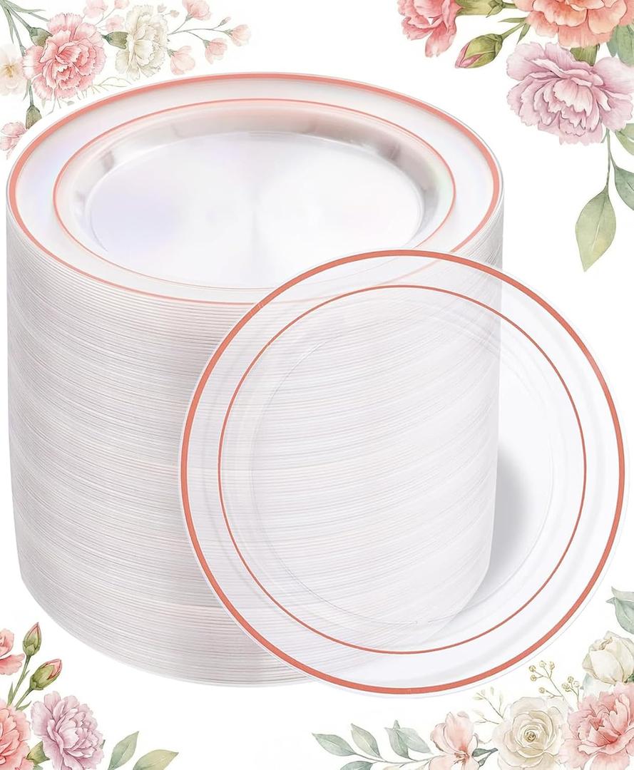 BuCLA 100PCS Clear Rose Gold Plastic Plates Disposable - Heavy Duty 6.25 Inch Clear Plastic Dessert Plates with Rose Gold Trim - Ideal for Party, Wedding & Mother's Day
