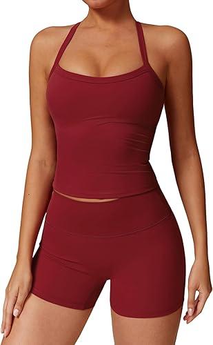 Two Piece Workout Sets For Women Tank Top Matching High Waist Booty Lifting Shorts Gym Yoga Active Wear Outfits, Burgundy, Size S