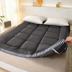 Thick Mattress Topper Queen Size - Non-Slip Mattress Pad Cover for Back Pain Breathable Folding Sleeping Pad Machine Washable Mattress Protector (60x80 inch,Black)