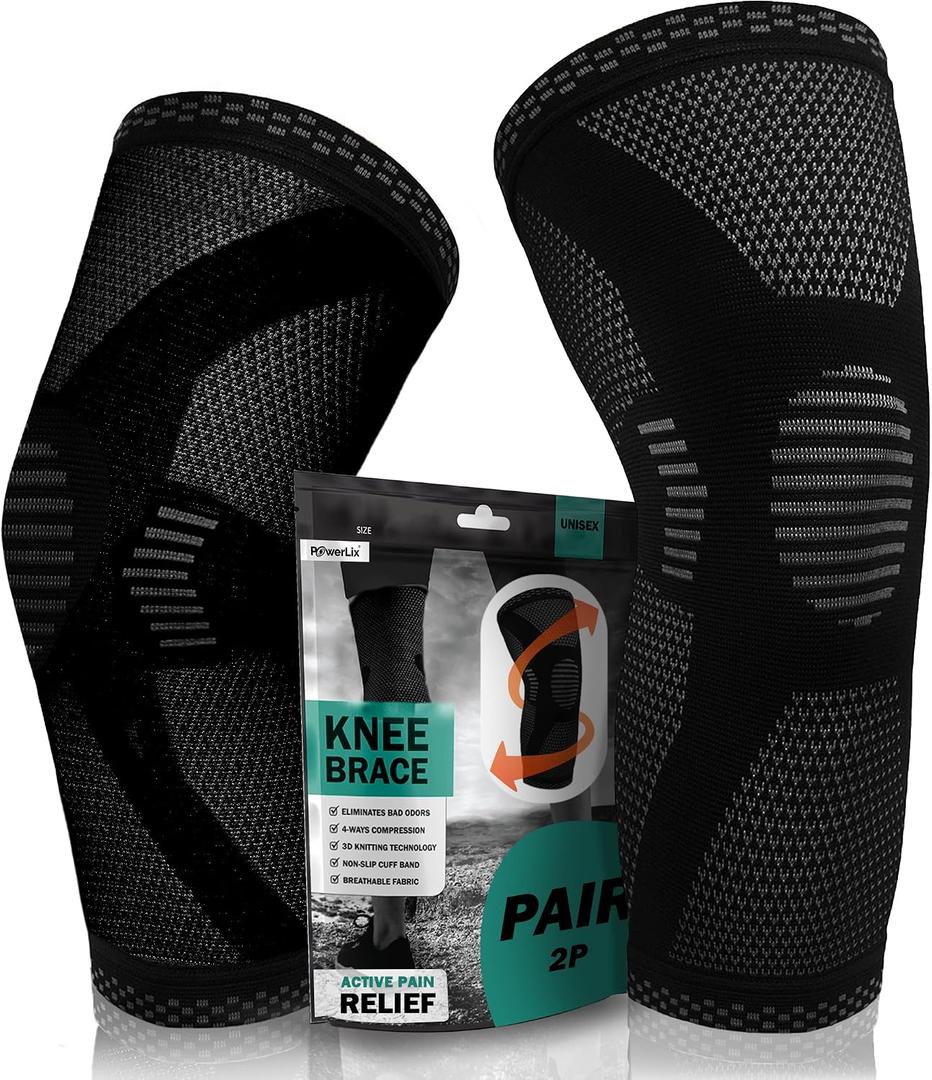 POWERLIX Knee Compression Sleeve (Pair) - Best Knee Brace for Knee Pain for Men & Women Knee Support for Running, Basketball, Volleyball, Weightlifting, Gym, Workout, Sports - (Black, M)