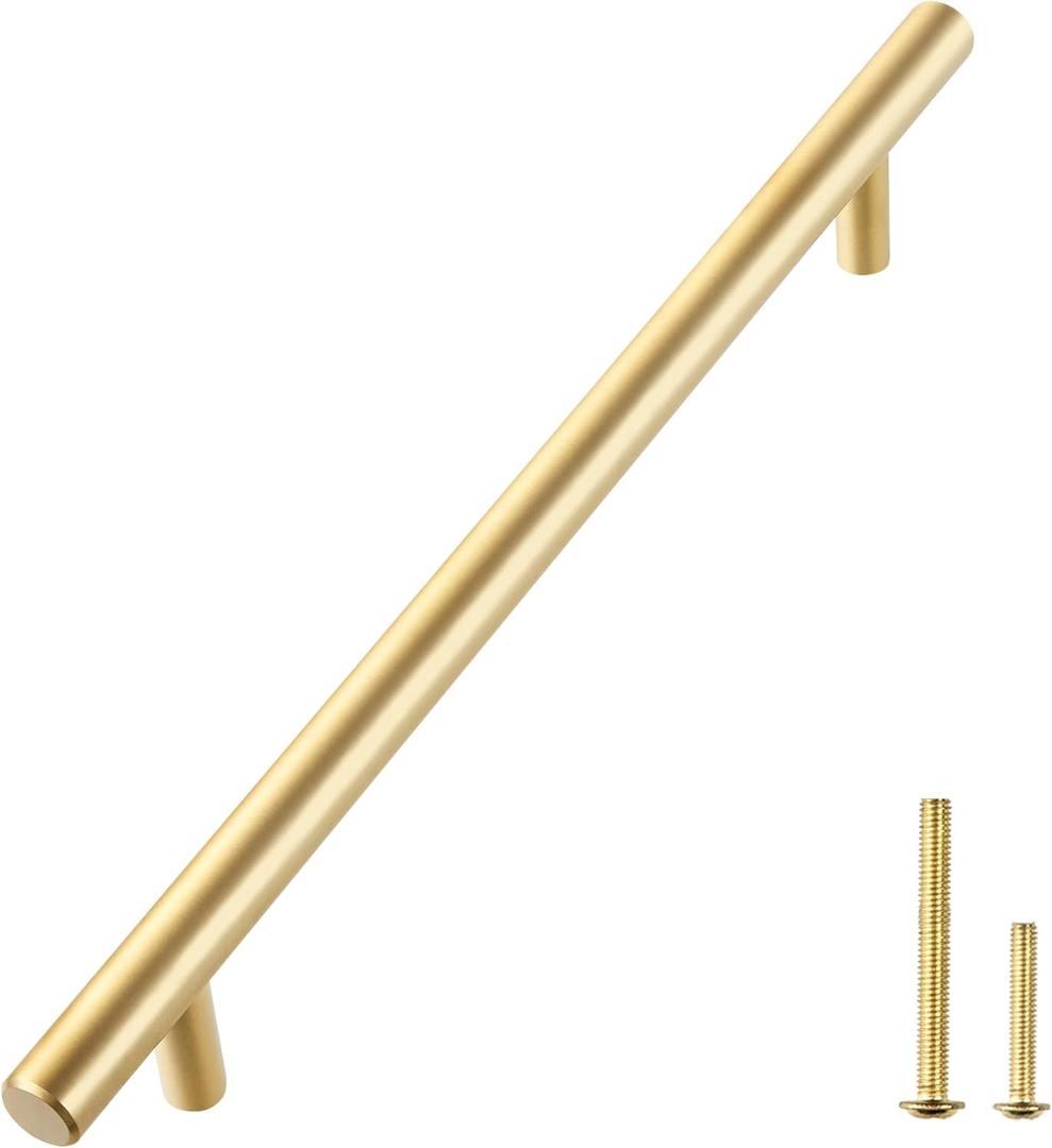 QOGRISUN 2-Pack Solid Brass Cabinet Pulls, Gold Euro Style T Bar Handles, 8-3/4-Inch Hole Center for Kitchen Drawer Dresser Cupboard, 11-Inch Total Length, Brushed Brass Finish