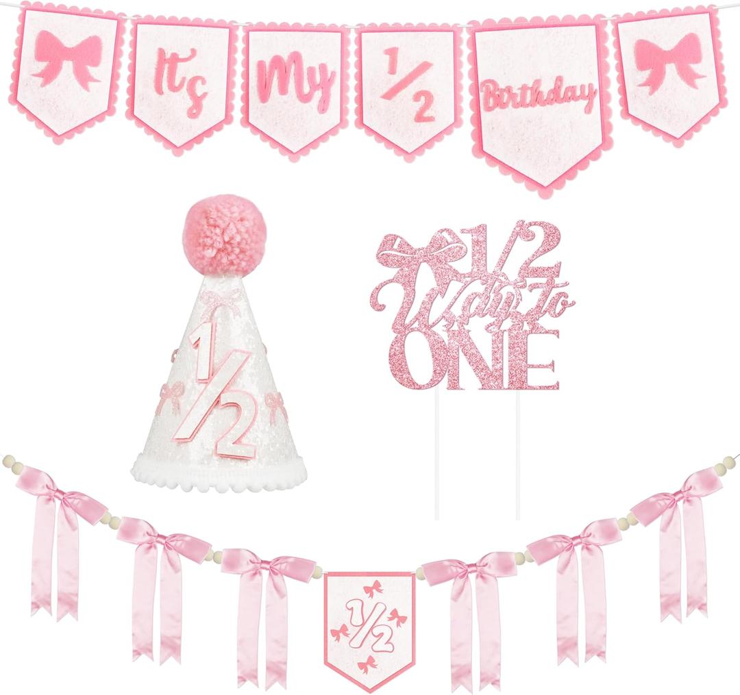 1/2 Birthday Girl Half Birthday Decorations Pink Bow It's My 1/2 Birth Banner Glitter Cake Topper Ribbon Bow Wood Bead High Chair Banner & Cone Hat 6 Months birthday Decorations Party Supplies (Pink)