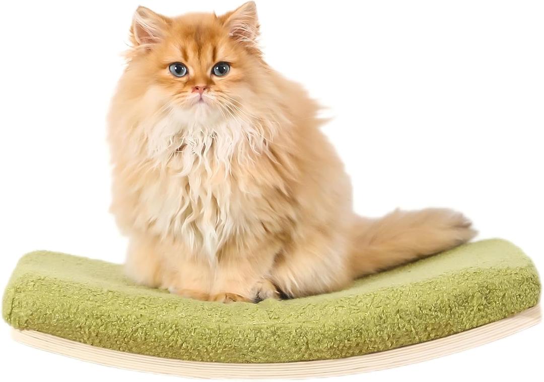 Curved Cat Shelves and Perches, Floating Cat Wall Bed with Comfortable Cushion (Wood Shelf+Green Cushion)
