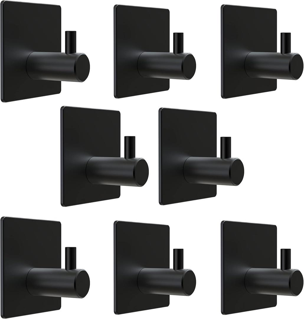 Matte Black Self Adhesive Towel Hooks for Bathroom Wall Door Mounted - SUS304 Stainless Steel Strong Strips Stick on 3/M Wall Hooks for Hanging Coat, Hat, Bag, Key, Jacket  8 Pack