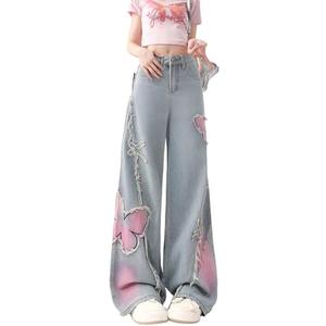 Y2K Baggy Ripped Jeans for Women Wide Leg Butterfly Print & Star Patch Distressed Denim Pants High Waist Streetwear (Blue) XL