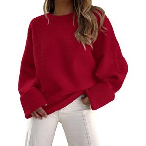 PRETTYGARDEN Women's Fall Oversized Sweaters Casual Crewneck Pullover Long Sleeve Fuzzy Chunky Knit Tops Blouse (Medium, Red)