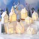 Wesiti 28 Pcs Ceramic LED White Christmas Village Set Include 8 LED White Christmas Village Houses 18 Xmas Trees 2 Lamp Post Scenes Decor Xmas Figurine Decoration Tabletop Mantel Shelf(Classic)