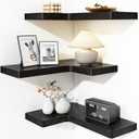 Fixwal Corner Floating Shelves for Wall Mounted Natural Solid Wood 16"x11.4" Farmhouse Home Decor Display Shelving Set of 3 (Black)