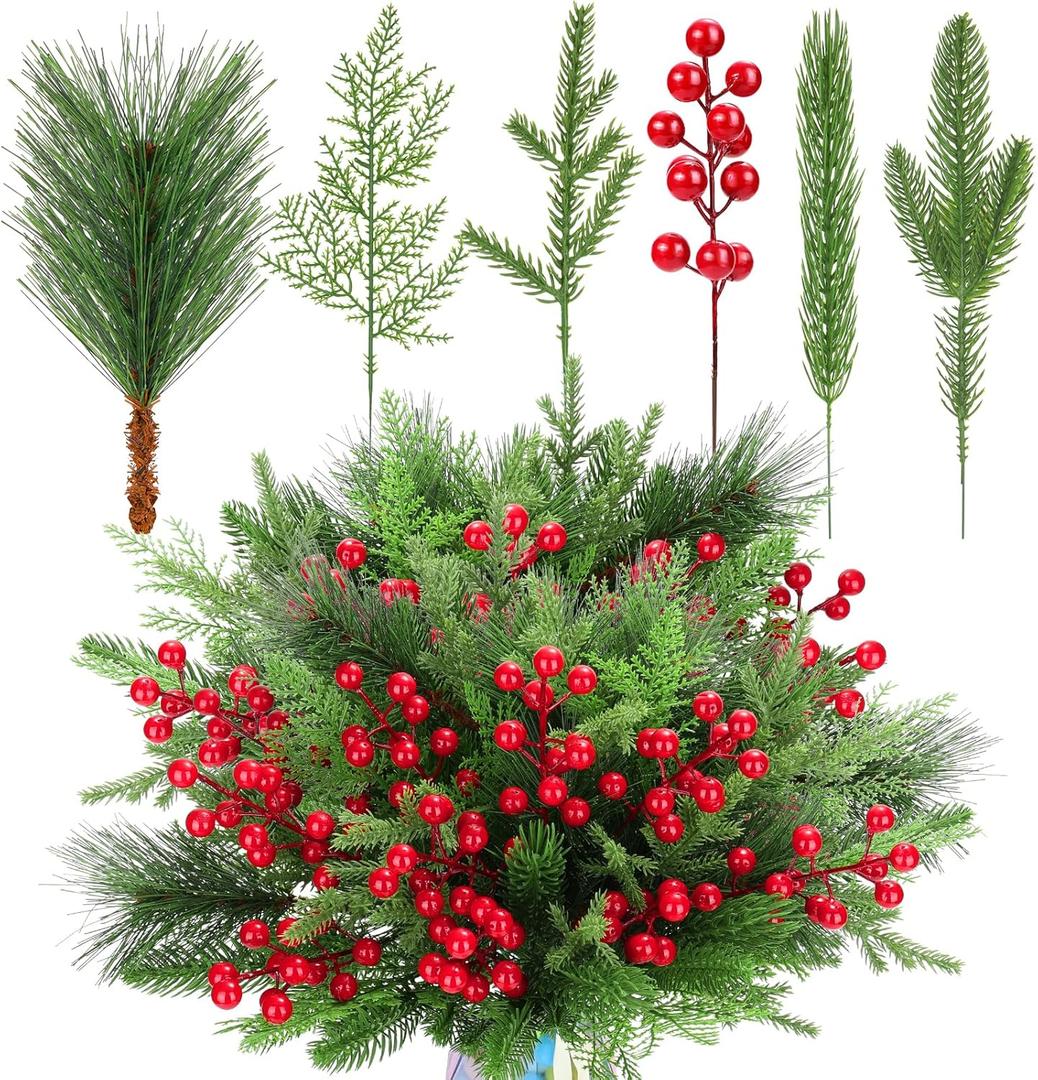 70PCS Artificial Pine Branches Christmas Greenery - Artificial Pine Needles Branches with Red Berry Stems Fake Pine Branches Set for DIY Christmas Tree Wreath Garland Crafts Holiday Home Decoration