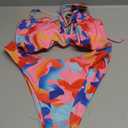ZAFUL Women's Strapless Ribbed V Wired Lace Up Ruffle Tie High Cut Bandeau Swimsuits Bikini Set L