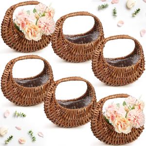 Hushee 6 Pcs Small Flower Girl Basket Small Wicker Basket with Handle and Waterproof Lining 6.7 x 6.5 x 4.3 Inch Rattan Tiny Easter Baskets for Wedding Flowers Sweets Gifts Picnic Storage Home Decor