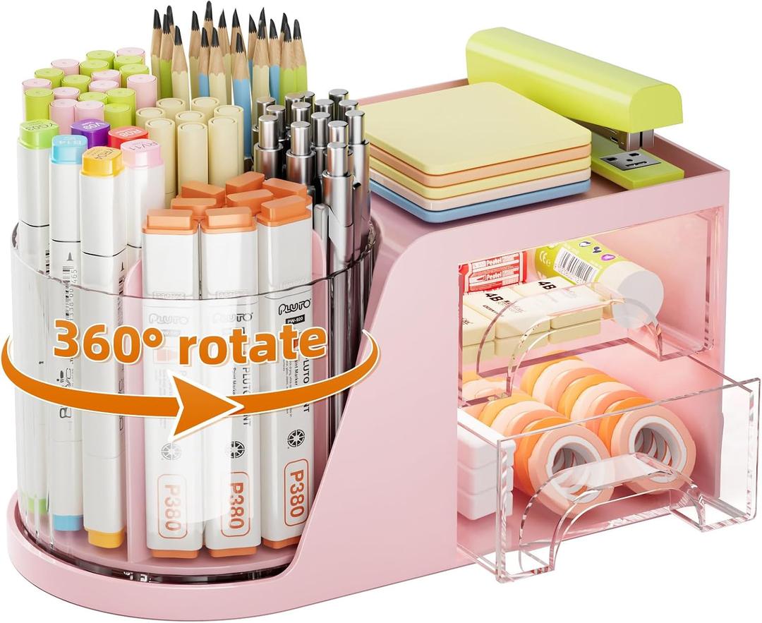 Marbrasse Desk Organizer with 2 Drawer, 360Rotating Pen Holder, Desk Organizers and Accessories with 6 Slots Pencil Organizer + 2 Drawer, Art Supply Storage Box Caddy for Office (Pink)