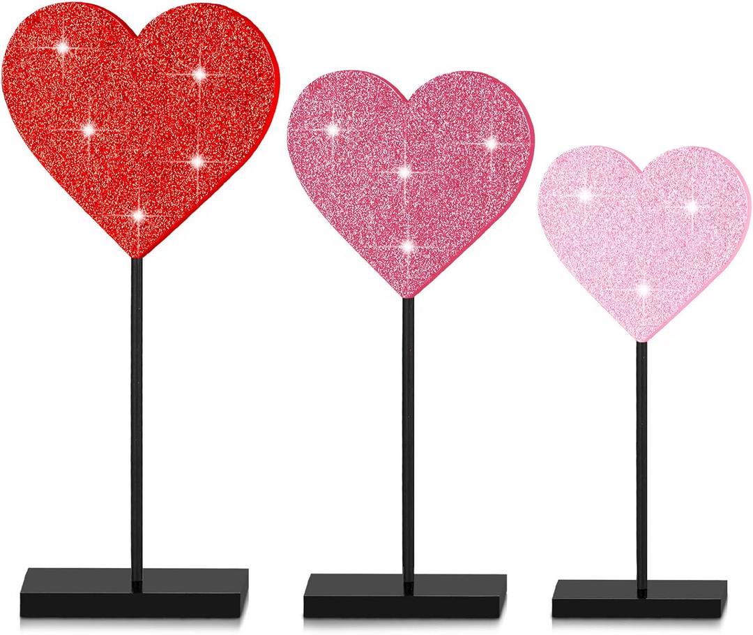Spiareal 3 Pcs Valentines Day Heart Wooden Sign on Stand Heart Shape Tall Standing Table Signs Love Farmhouse Decorations for Valentines Day Table Party Centerpiece(Red White Pink,Vivid)
