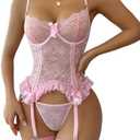 WDIRARA Women's Sexy Lingerie Set Floral Lace Garter Bustier Lingerie Set with 1Pair Fishnet Stocking M