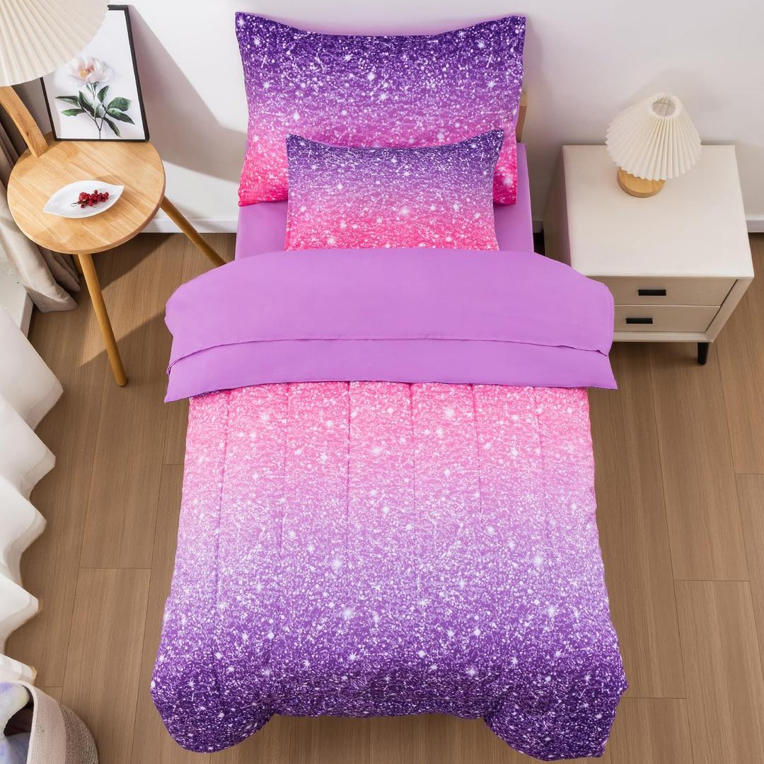 JQinHome Toddler Bedding Sets for Girls,5 Piece Bed in A Bag 3D Pink Purple Comforter Set with 2 Pillowcases,1 Flat Sheet,1 Fitted Sheet(Pink Purple,Toddler Size 42" x 57")