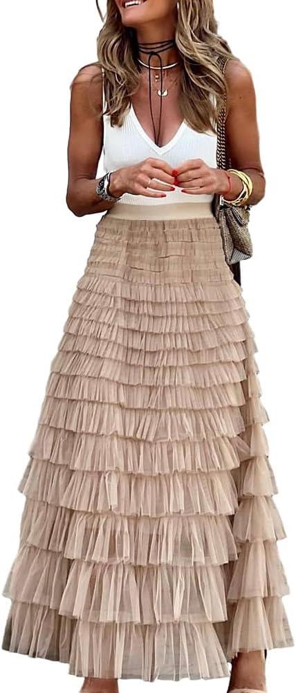 Long Tulle Skirt for Women Trendy High Waisted A Line Fluffy Fairy Mesh Layered Ruffle Skirt(Khaki, S)