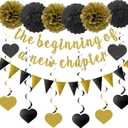 3 x The Beginning of a New Chapter Banner Funny Going Away Party Graduation Happy Retirement Party Decorations Supplies Glitter Black Gold Goodbye Farewell Party Decoration for Coworker Friends Graduates