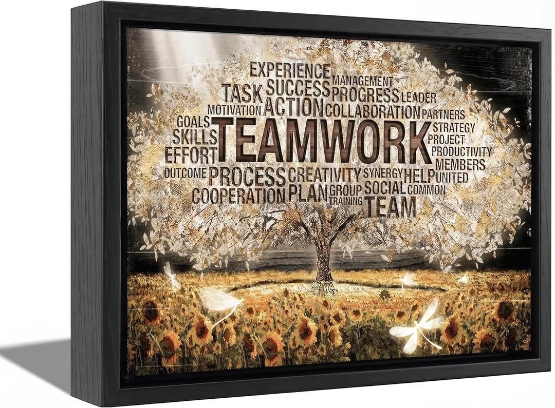 Framed Teamwork Tree Canvas Wall Art Inspirational Office Wall Decor Picture Motivation Positive Quotes And Sunflower Poster Print Painting for Living Room Bedroom Classroom Home Decoration