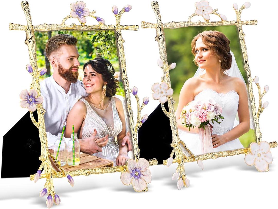 Geelin 2 Pcs 5"x7" Gold Picture Frame with High Definition Glass Ornate Pretty Floral Metal Picture Frame Golden Tabletop Display Decor Gift for Wedding Women Home Decor Graduation Commemorate